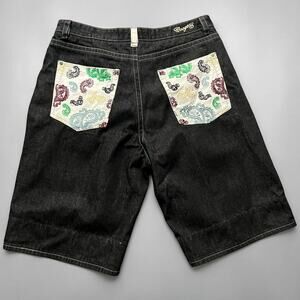 Vintage Y2K Coogi Baggy Long Jean Shorts 42W 16L Black Paisley Embroidered Rare